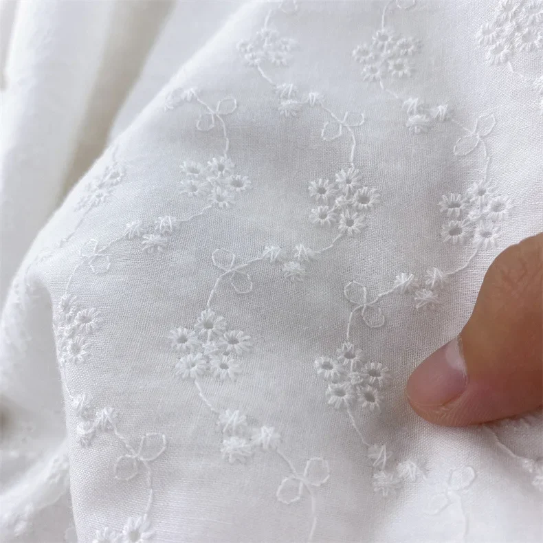 White Embroidery Lace Fabric Cotton By The Yard for Dress Skirt Clothes Sewing Flower Hollow Cloth Brocade Yard