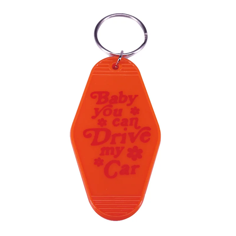 Baby You Can Drive My Car KeyRing Orange Hotel Key Tag Rock Band Classic Music Motel KeyChain Plastic