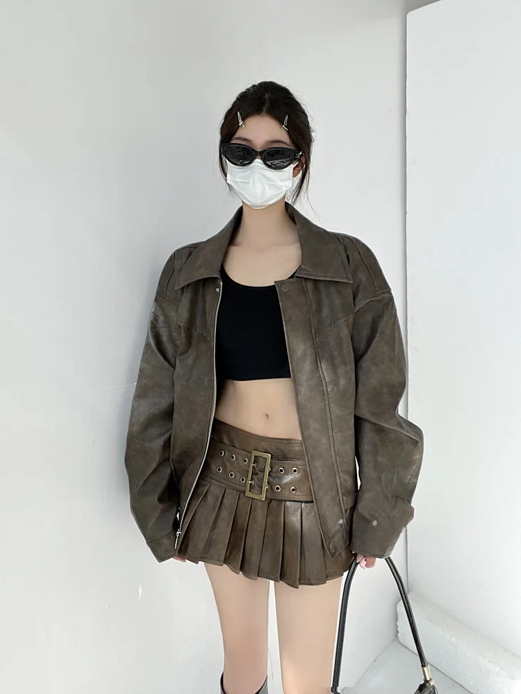 Jaet – manteau de motard rétro Vintage pour femmes, industrie lourde, automne hiver, Faion, Streetwear, col Long Sve