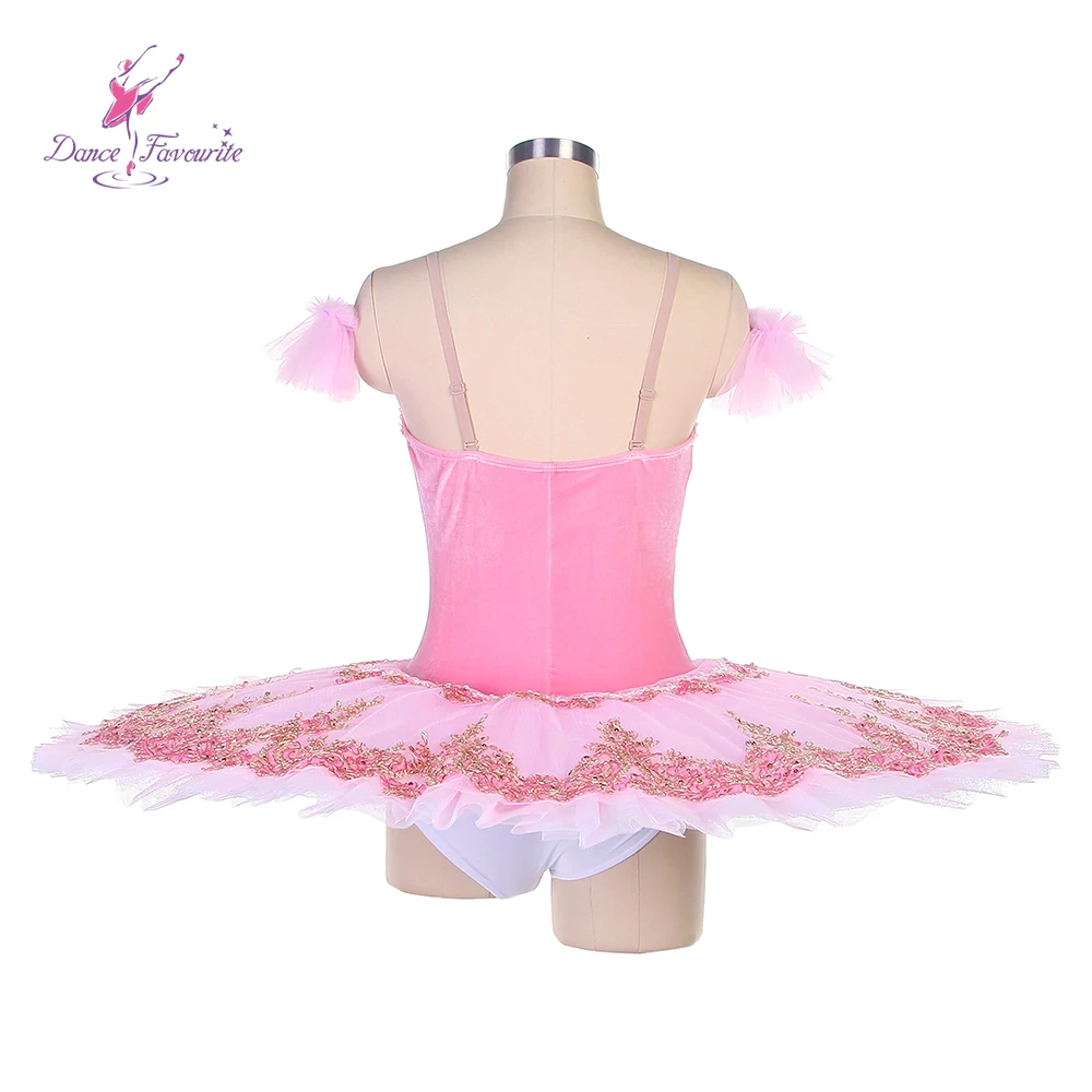 Tutu de ballet pré-professionnel décoré avec appliques roses, corsage en velours rose, BLL407