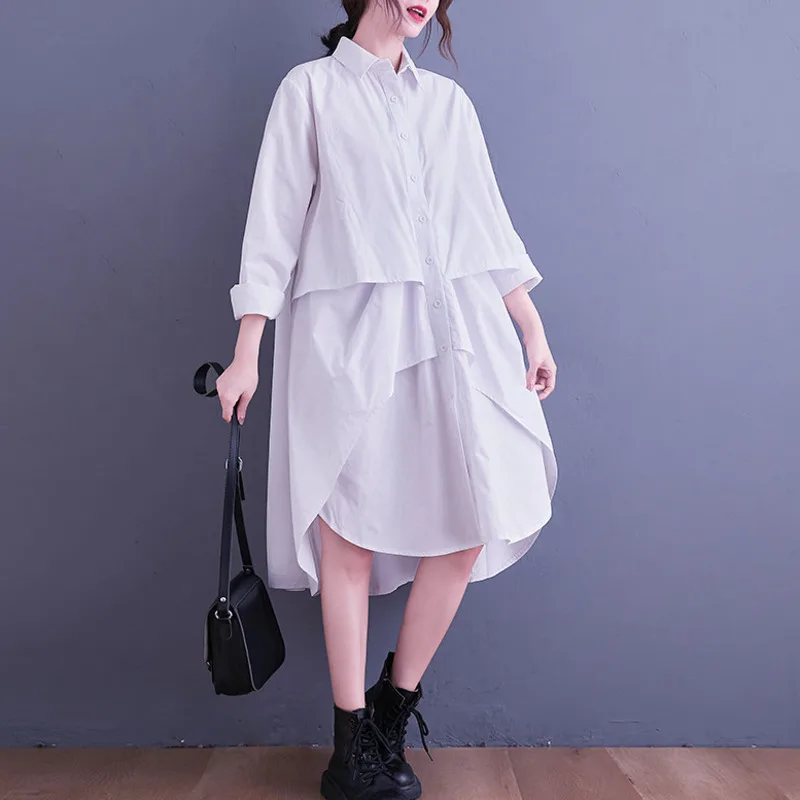 #4096 Black White Women Asymmetric Shirt Dress Long Sleeves Casual Front Button Shirt Dress Polo Neck Loose Sexy Dress Spring