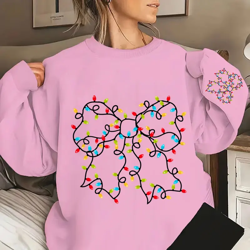 Christmas Lights Coquette Bow Print Womens Sweatshirts Long Sleeves Warm Pullover Clothes Pink Bow Oversized Hoodies Sweatshirts