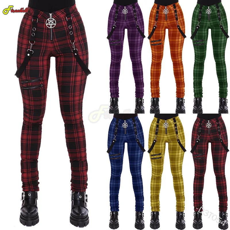 Pantalon à carreaux gothique taille haute pour femme, pantalon punk, streetwear médiéval, olympiques cosplay, fermeture éclair Y2k, pantalon long,