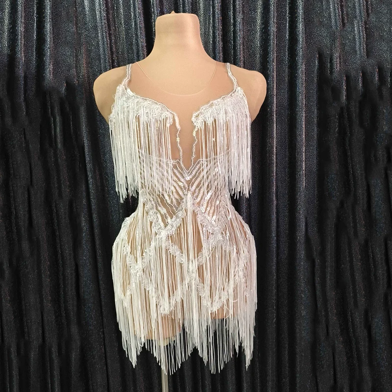 

Sparkly White Sequnis Fringed Party Dress Sexy Pole Dance Tassels Dress Birthday Celebrate Dancer Costume Stage Outfit XS5022