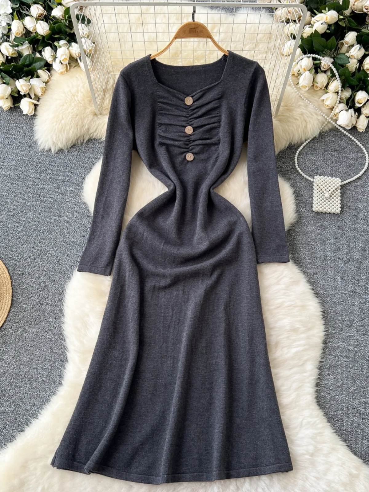 Koreanische Sle Hohe Taille Gestrickte Lange Sve Dr Frauen Fro mit Knopf Detail Quadrat Ne Design Geraffte Taille