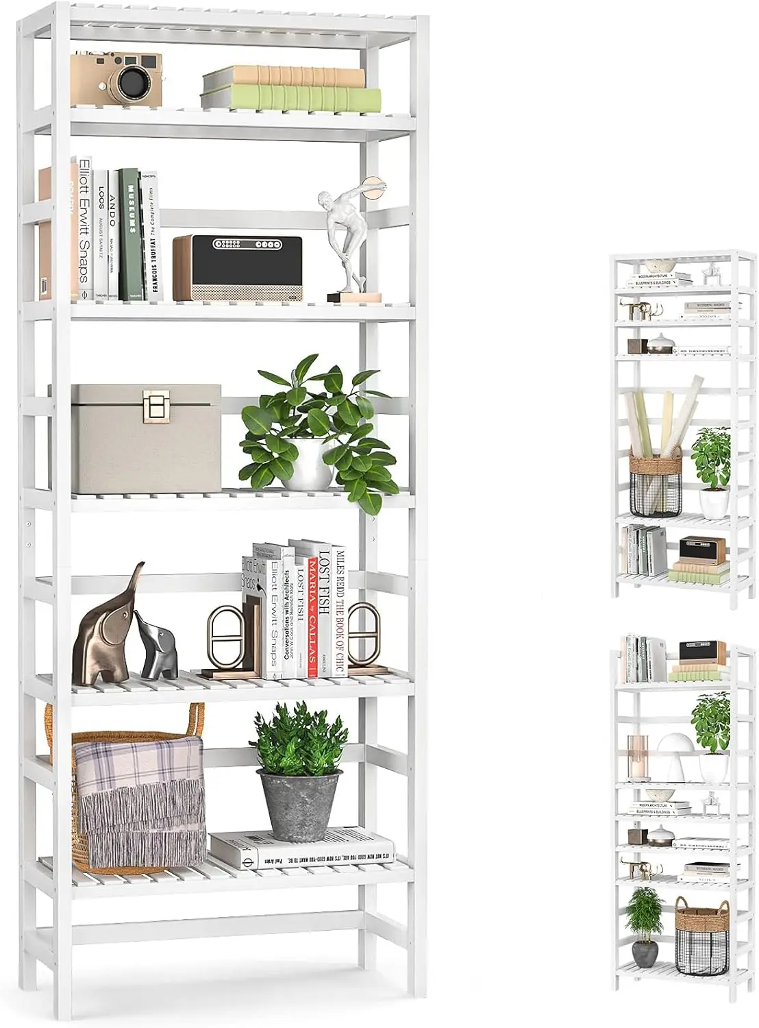 

6-Tier Bamboo Bookshelf, Adjustable 63.4” Tall White Shallow Storage Rack for Living Room, Kitchen, Bathroom, Office