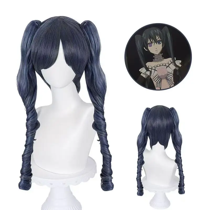 Ciel Phantomhive Cosplay Wig Blue Grey Long Curly Pigtails Rose Net Cap Heat Resistant Synthetic Fiber Wig for Halloween Wig