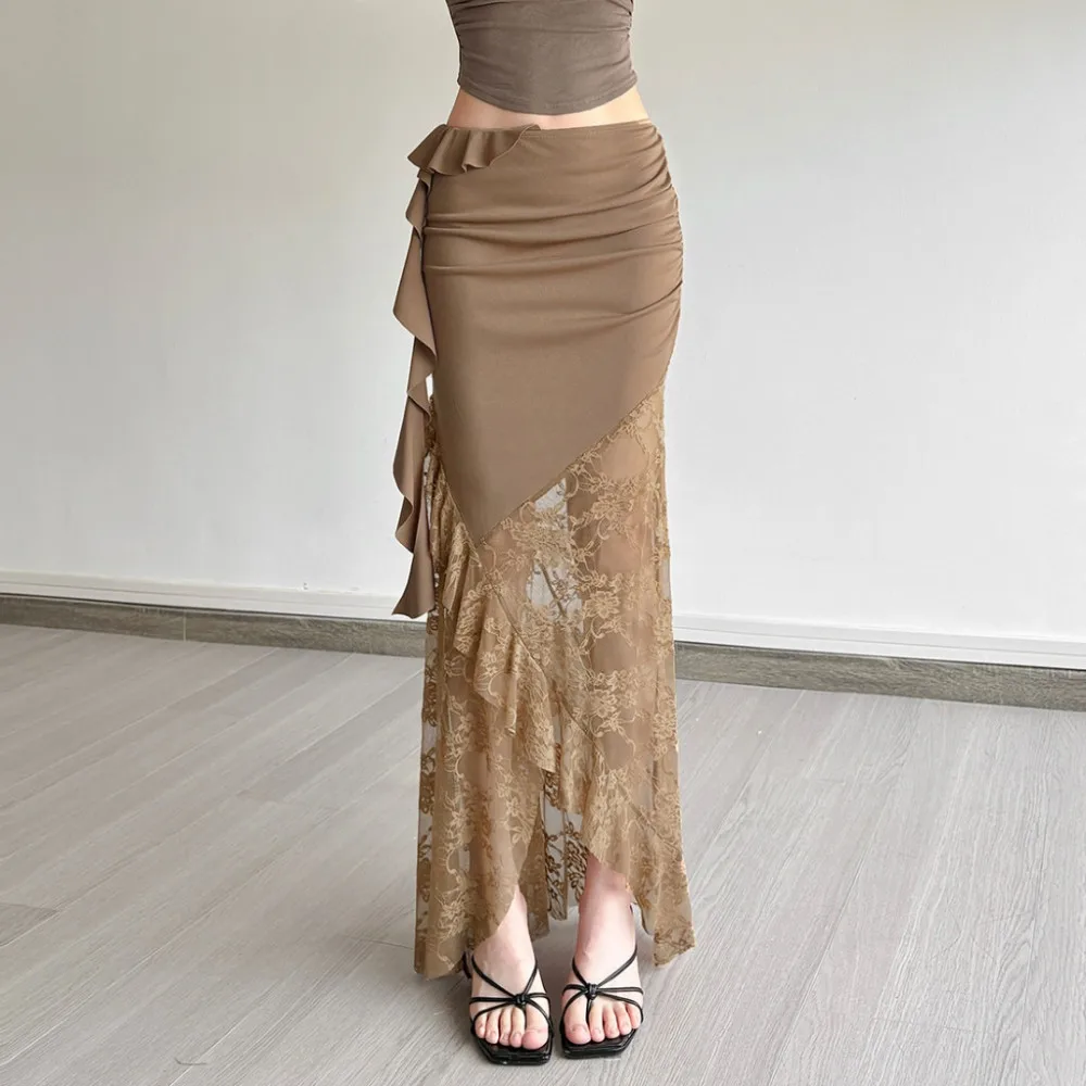 SylCue Mesh Patchwork Long Skirts Women Elastic Waist Solid Ruched Ruffles Tassel Street Fashion Elegant Style Skinny Outfits