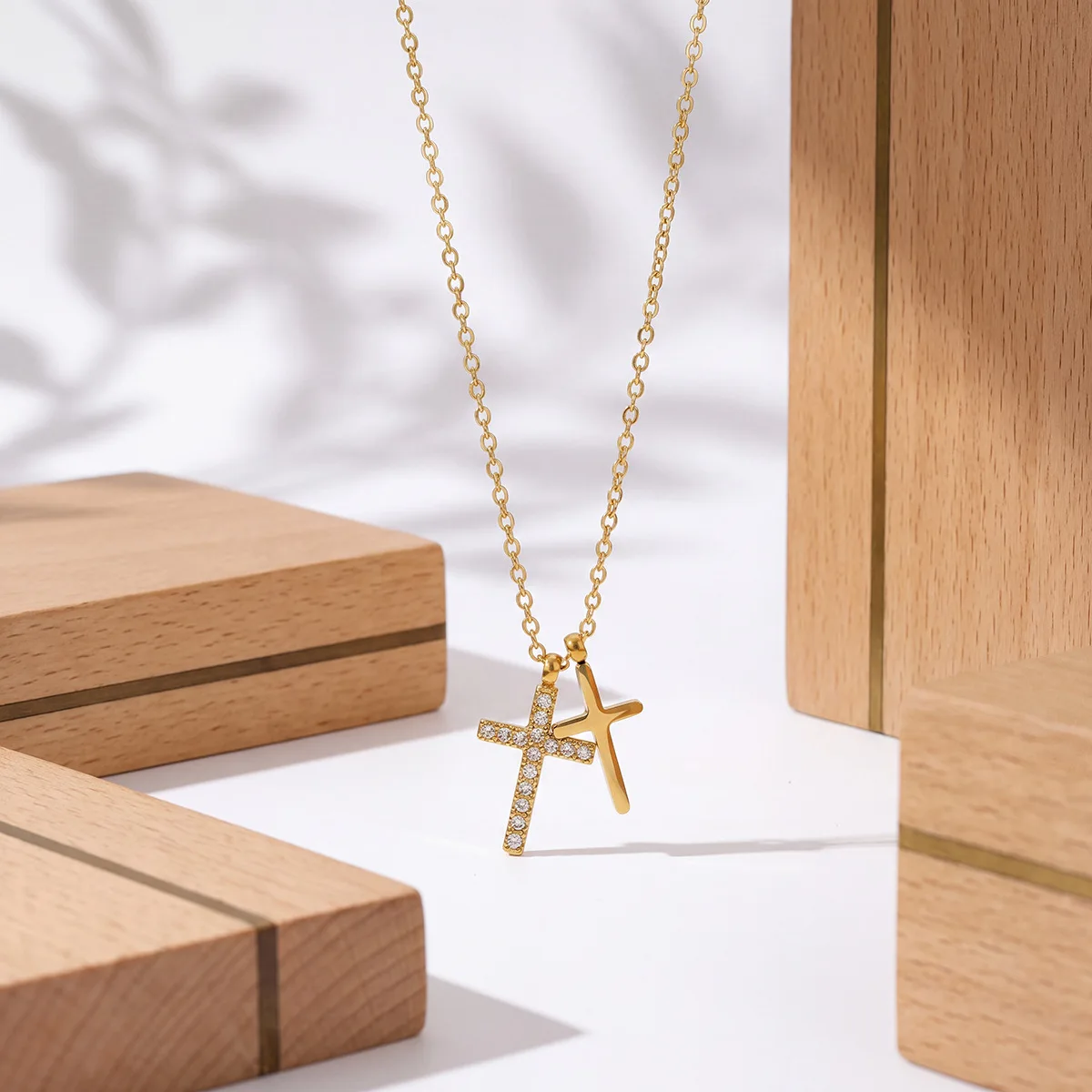 ANENJERY 316L Stainless Steel Polished Cross Zircon Necklace For Women Simply Stackable Personality Jewelry Gifts Wholesale