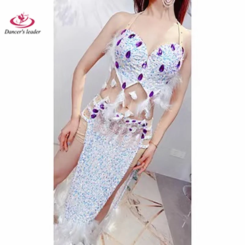 Belly Dance Competition Women's High-end Diamond-encrusted Bra Long Dress suit White Feather Practice Show Dress