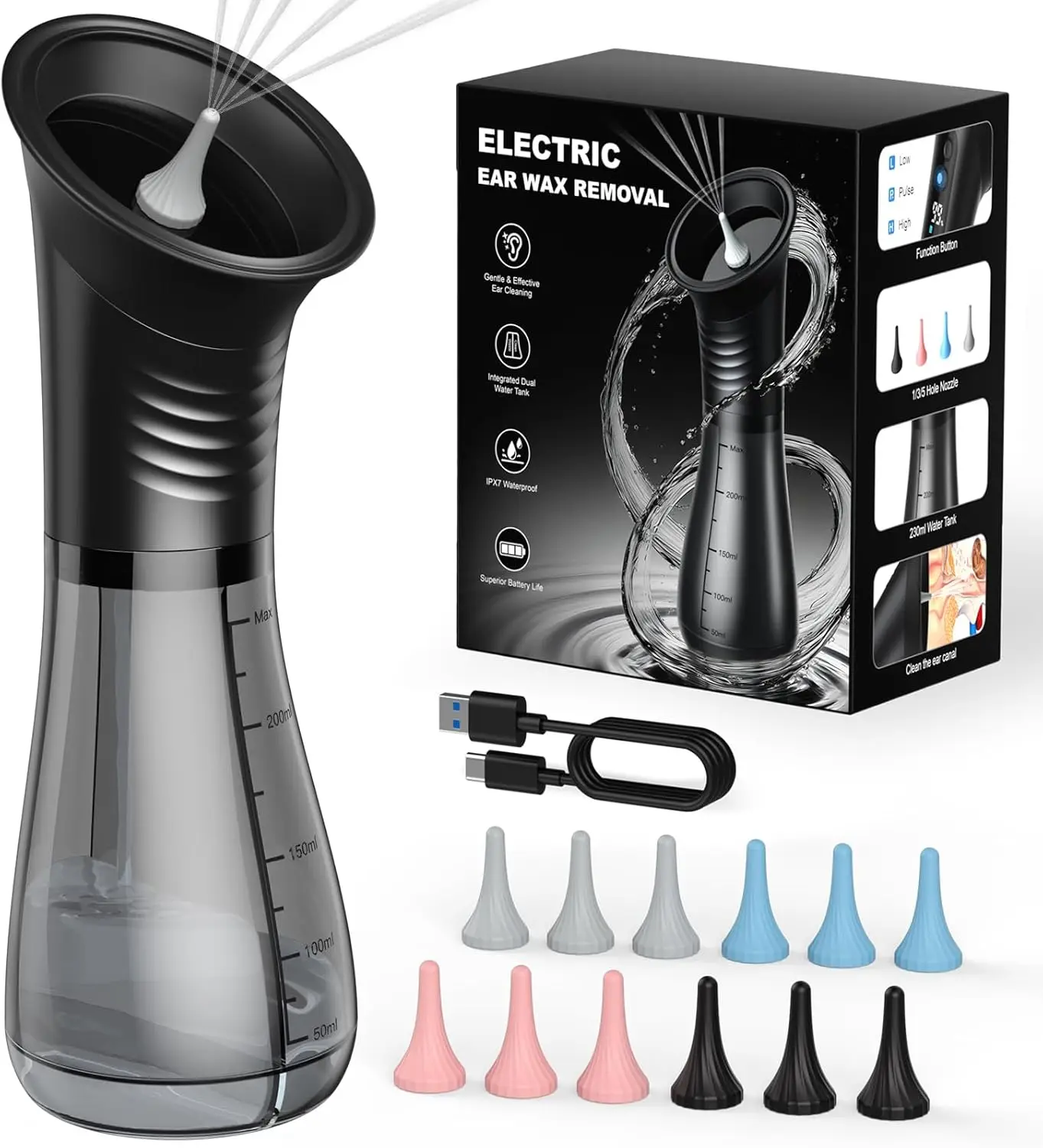 

Электрический очиститель для ушей с LED-дисплеем, двумя резервуарами и 12 насадками, водонепроницаемость IPX7, безопасен для взрослых и детей