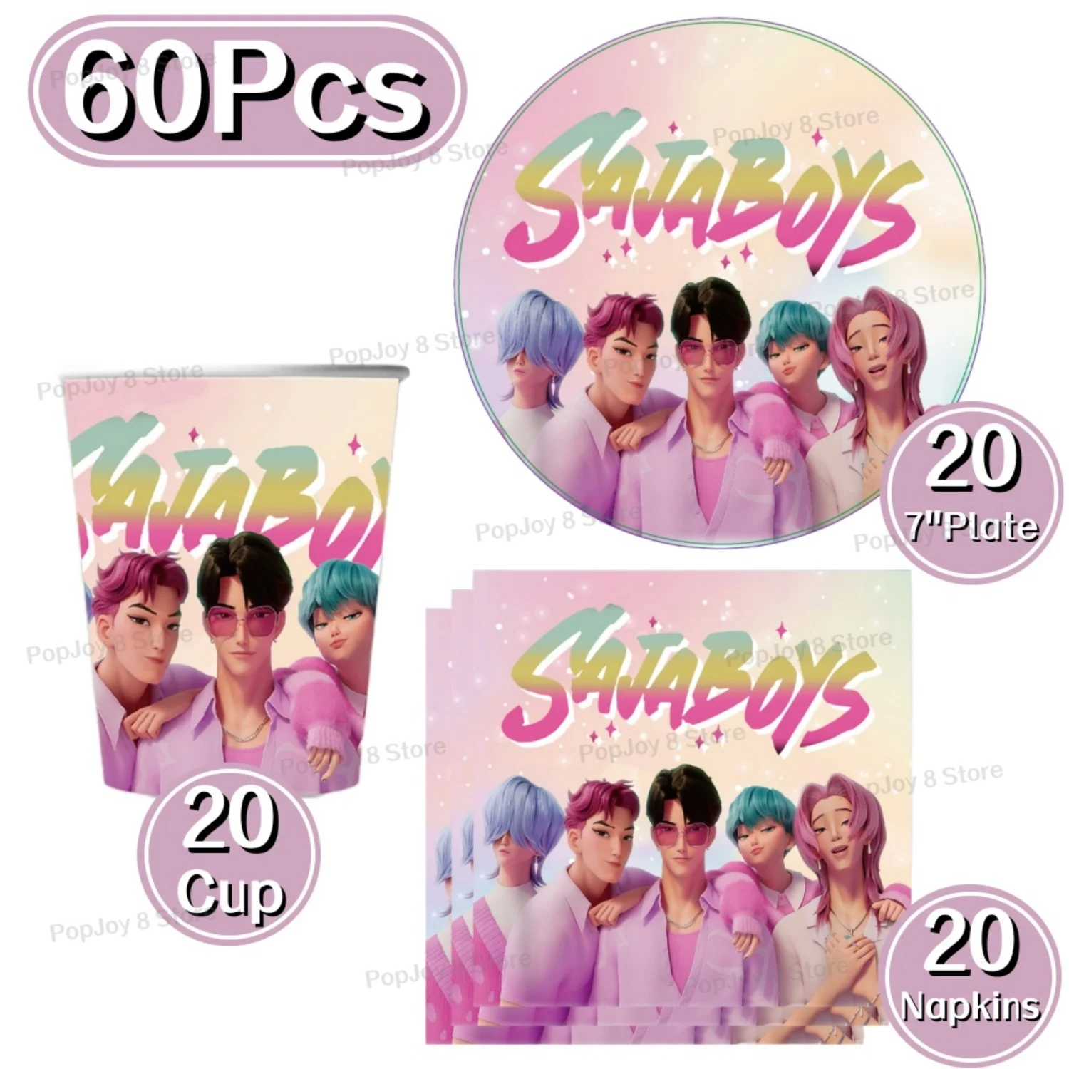 Juego de Vajilla Desechable con Temática Kpop de 60 Piezas, Platos, Vasos y Servilletas de Papel con Dibujos Animados, D