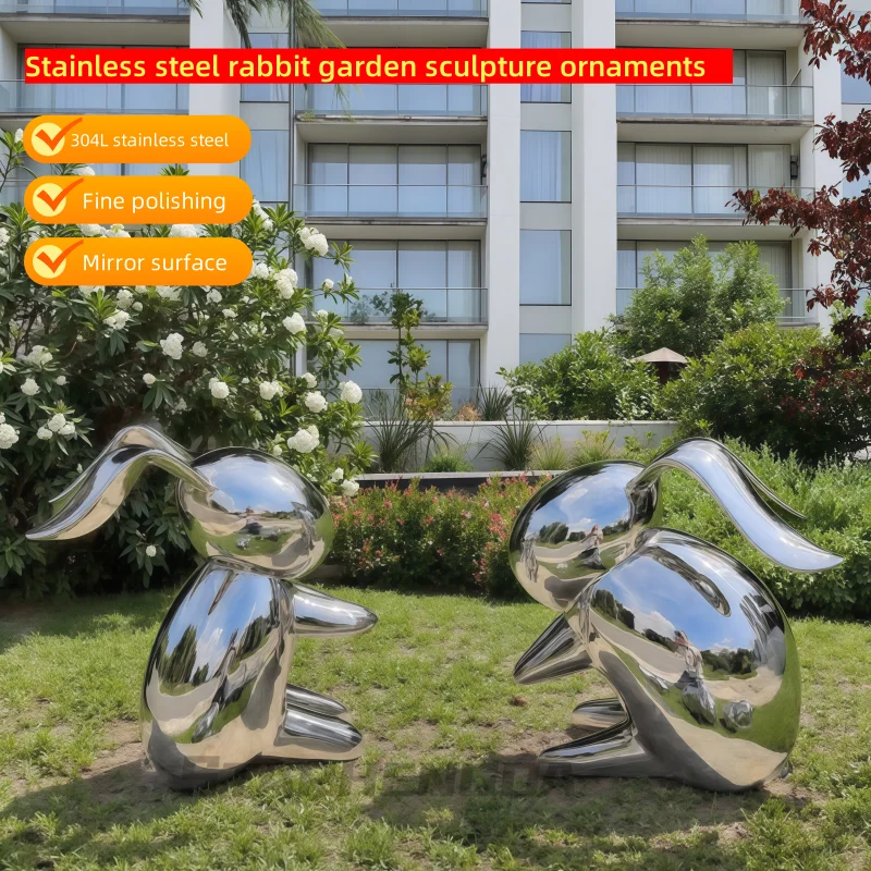 Metal Mirror Surface Rabbit Sculpture - Indoor Outdoor Decor for Lawn Garden Park Villa Shop Living Room Corridor Hotel Store