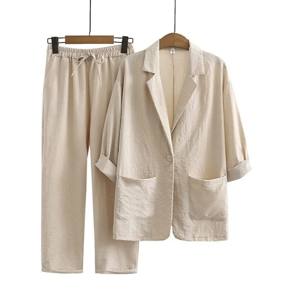 Conjunto Casual de Algodão e Linho com Manga Longa, Estilo Solto e Elegante, em Cores Sólidas para Primavera e Outono