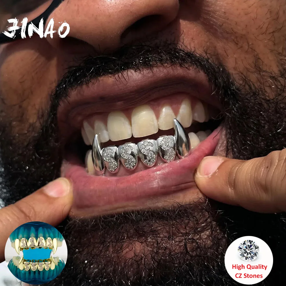 JINAO Hip Hop Iced CZ Letter SSSS 8 Teeth Fang Vampire Grillz set Men Women Top&Bottom shinny star Grill Punk Rapper Christmas