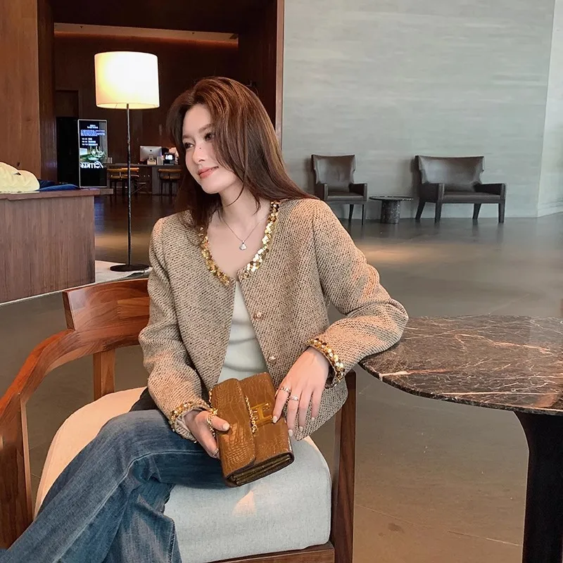 Spring Autumn New Gold Braided Sequins Wool Short Jacket Women's Crew Neck Beaded Foreign Style Short Coats