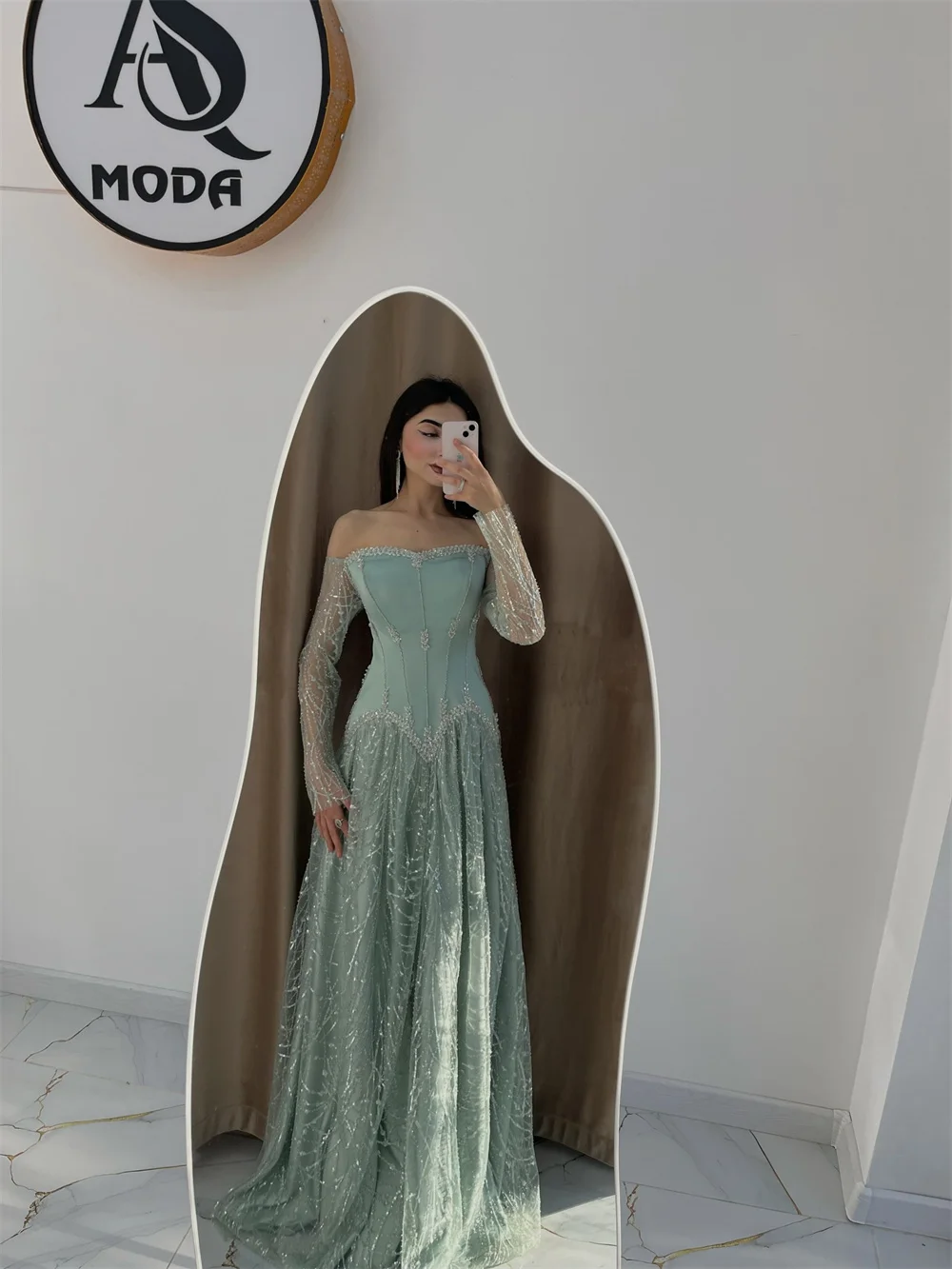 Cathy Aangepaste Groene Uit De Schouder Kant Prom Dress Lange Mouwen A-lijn vestidos de noiva Vloerlengte Formele Avond 2025