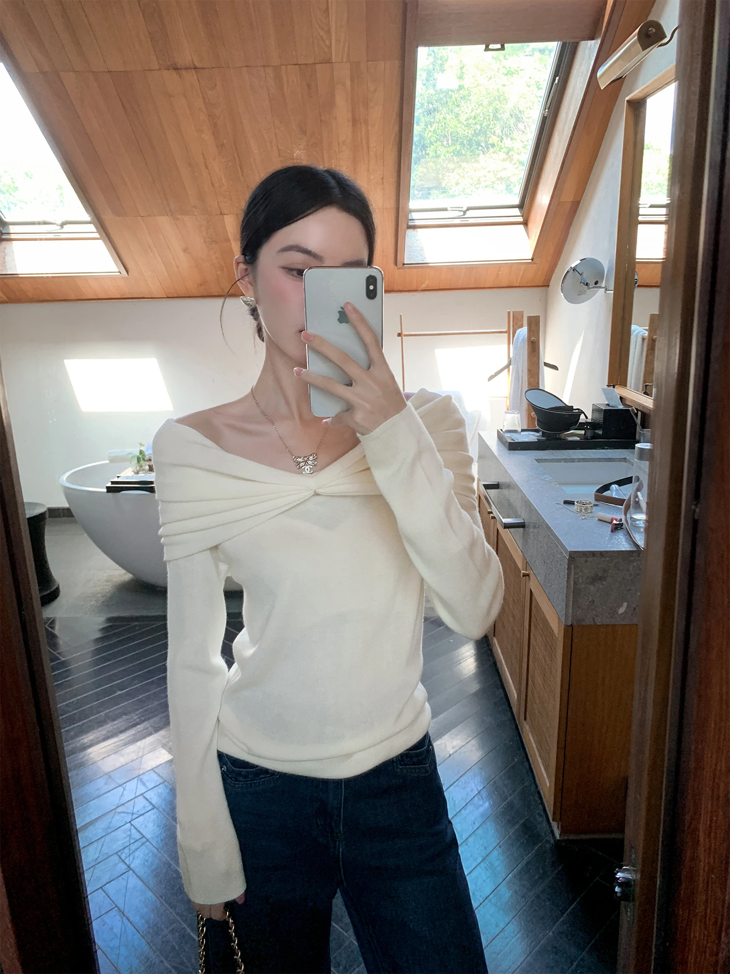 

Binguo Women's Knitted Cross Collar Sweater Soft Tone Light Beige Slimming Long Sve Commute Sle Polyester Fiber