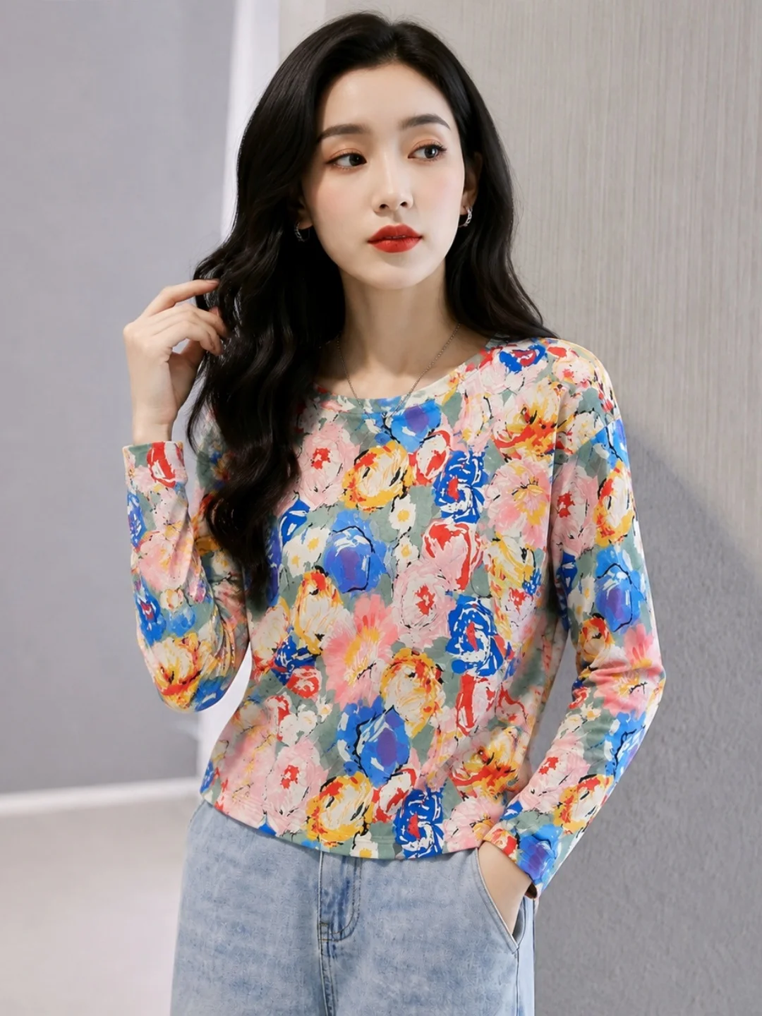 Fashionable Printed Long Sleeve round Neck T-Shirt Women's Slim Fit Crew Neck Pullover Top Korean Style Straight Cut Silk