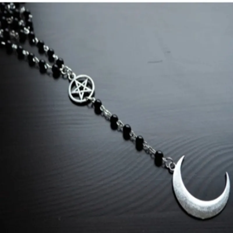 Gothic Long Pentagram Necklace, Bright Moon, Wiccan Pagan Rosary Rosary Black Beads