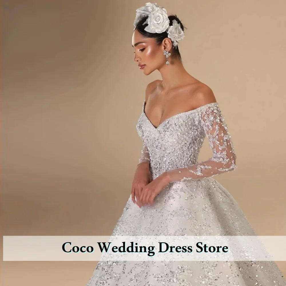 Personalizado requintado vestidos de casamento vestido de baile com decote em v manga longa lantejoulas apliques até o chão vestido de noiva novia