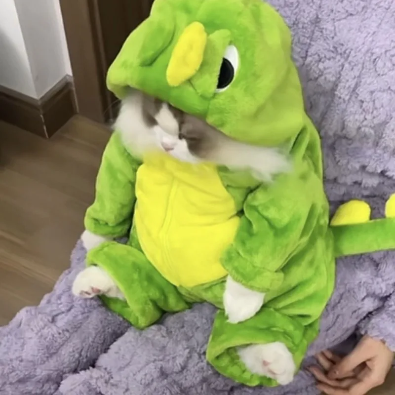 Dinosaur Cute Cat Clothes Teddy Dog Autumn/Winter Thick Flannel Four legged Clothes Pet Cute Transformation