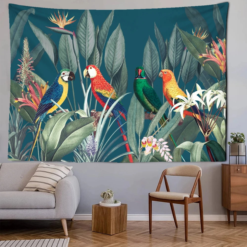 Parrot Tapestry Bird Animal Branch Grass Living Room Bedroom Wall Hanging Decoration Dorm Good Stuff Gifts Dormitory Kitchen