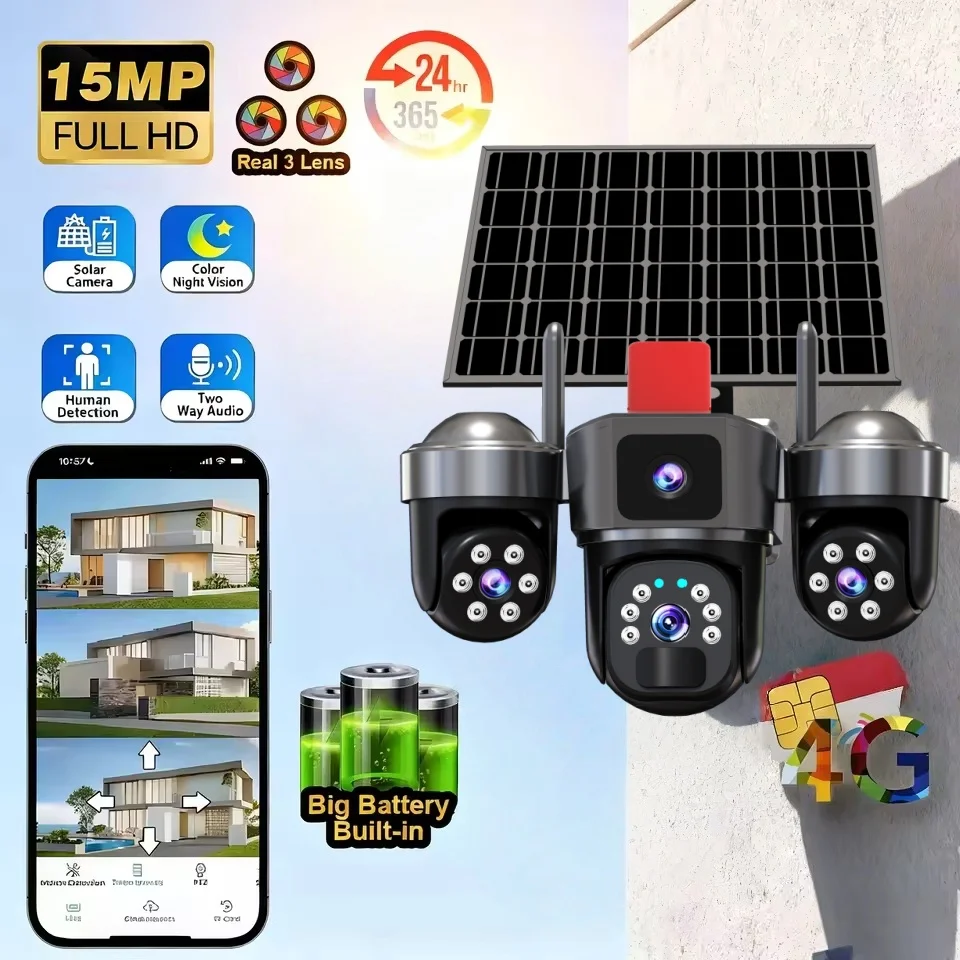 Outdoor Security Camera 15MP Triple Lens 10X Zoom 4G Sim 3 Lens 8K Auto Tracking Human Detection Solar Powered CCTV V380