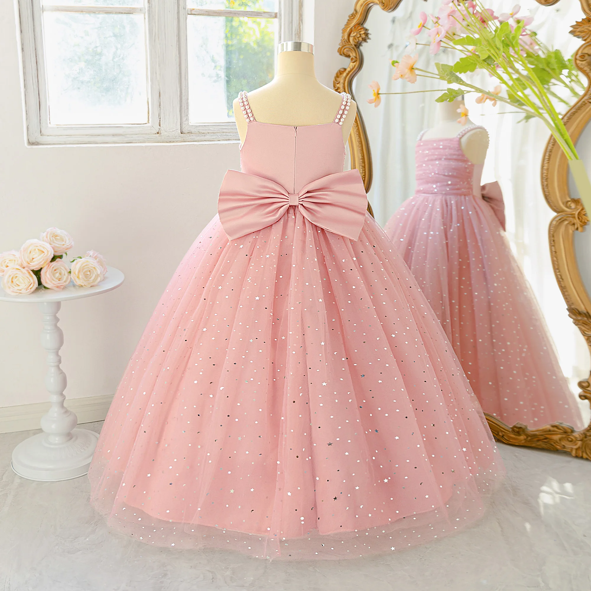 Elegant Sequins Bridemaids Girl Dress Summer Big Bow Tulle Wedding Princess Party Prom Dresses Girls Birthday Evening Ball Gown