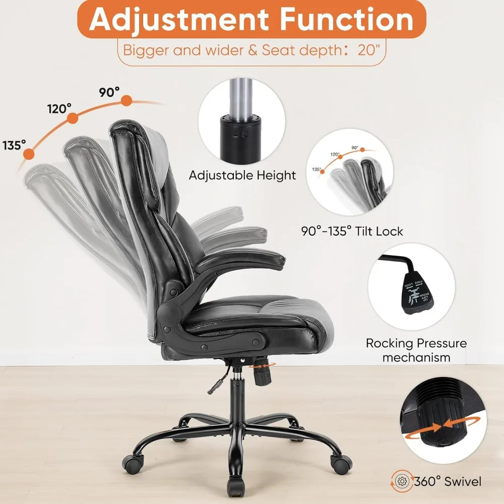 Silla ergonómica para juegos de ordenador, sillón de oficina de alta resistencia con brazos abatibles, cuero PU, giratoria ajustable