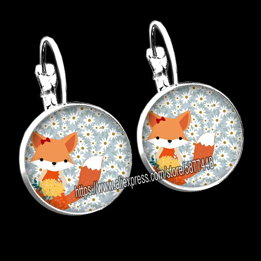 Cute Fox and Flower Women Pattern Glass Cabochon Stud Earring Lovely Animal Earring for Woman and Girl