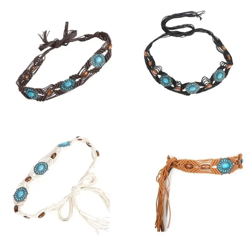 

652F Womens Bohemian Rope Braid Waist Belt Wooden Bead Waist Rope Waist Chain Braided Tassels Belt for Dress