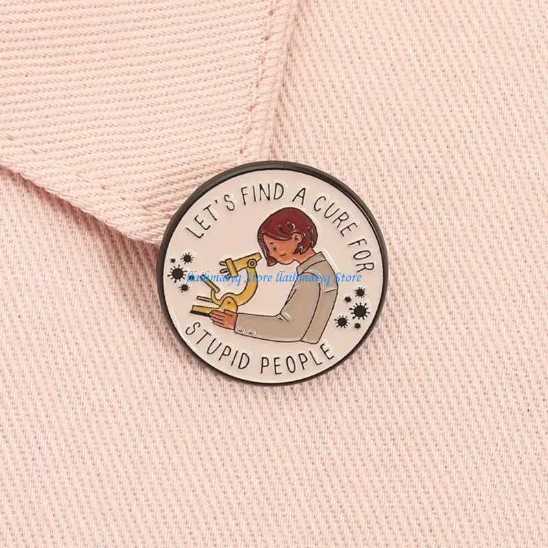 573B Science Themed Brooch Pin with Microscope and Creative Letters Round Alloy Brooch Humorous Design for Fashion