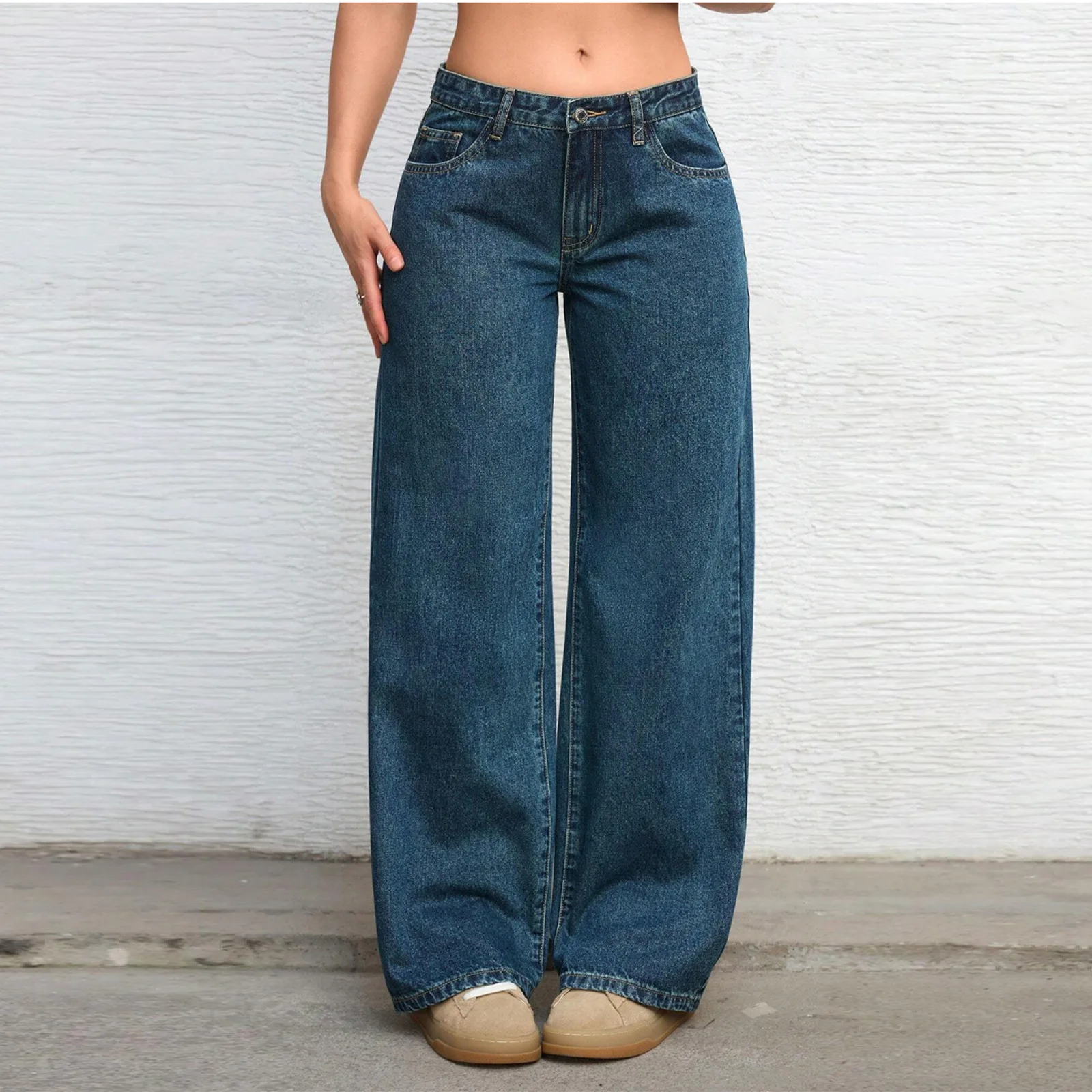 Jeans Women Pant Wide Leg Long Pants Low Waist Straight Trousers Denim Vintage Washed Y2k Streetwear Elegant Splice Work Casual