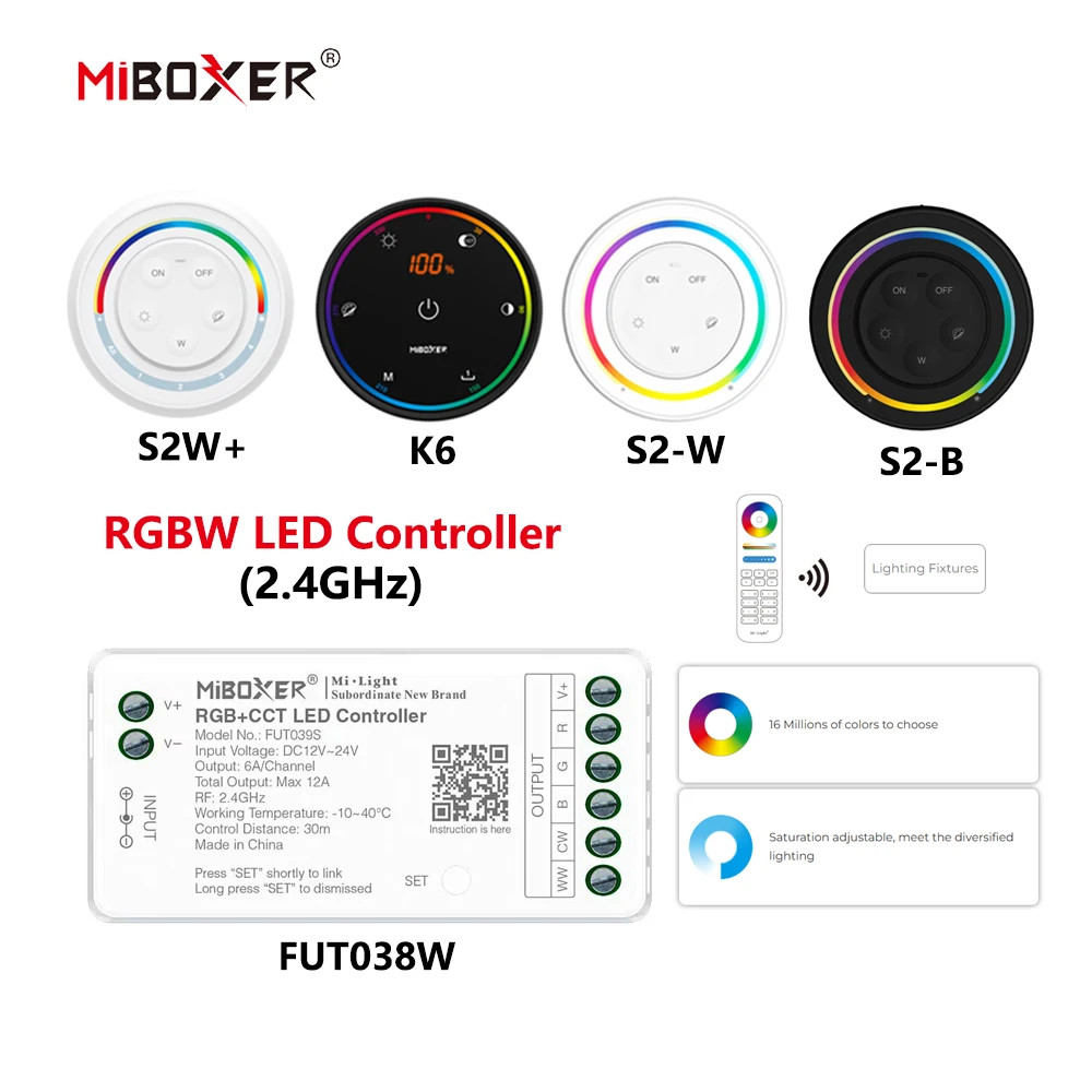 MiBoxer DC12~24V FUT038S+S2/K6/S2W 2.4GHz RF Wireless RGBW 6A/Ch 16 Millions of Colors to Choose LED Controller For COB/LED Stri
