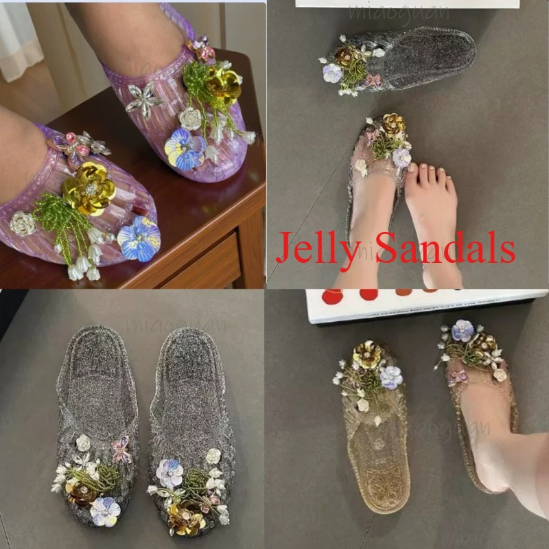 Crystal Handcrafted Flowers Jelly Shoes Fashion Outdoor Beach Vacation Sandals Accessory DIY Decorative Flower Women's Slippers