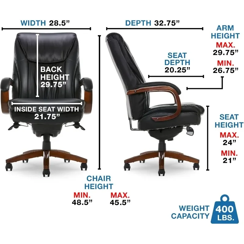 Large and Height Executive Office Chair with Comfort Core Cushion, Solid Wood Arms and Base, Waterfall Seat Edge