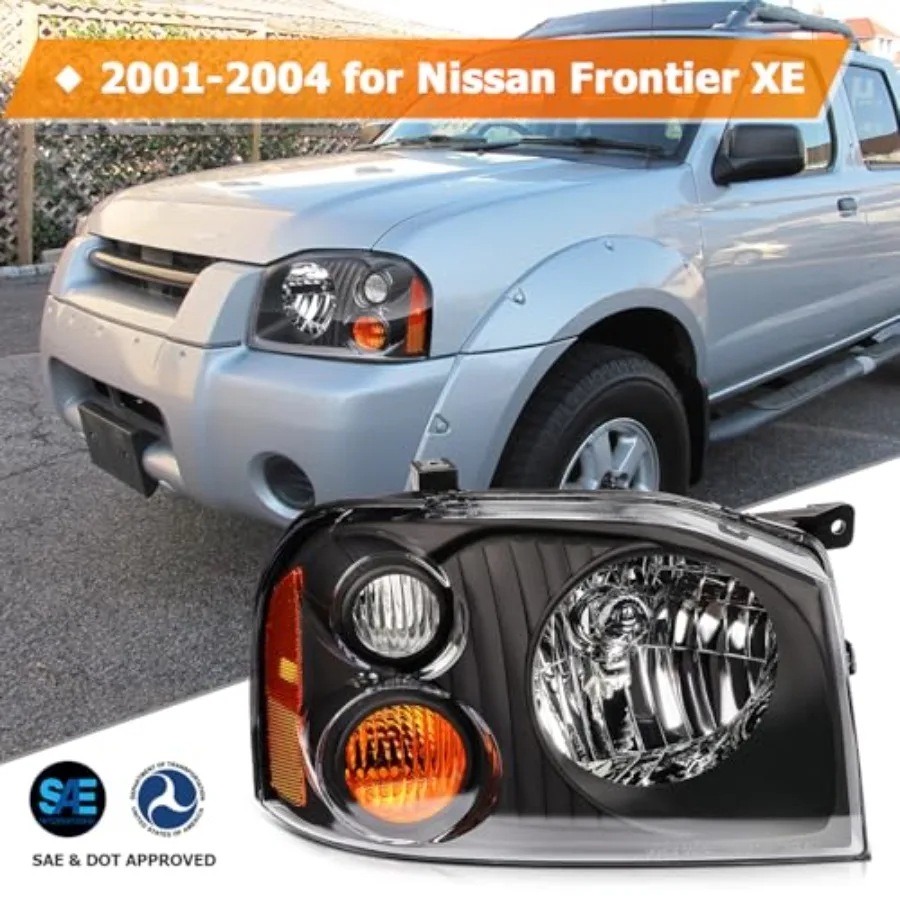 Headlight Assembly Compatible with 2001-2004 Nissan Frontier XE Chrome Housing Amber Reflector Driver and Passenger Side Headla