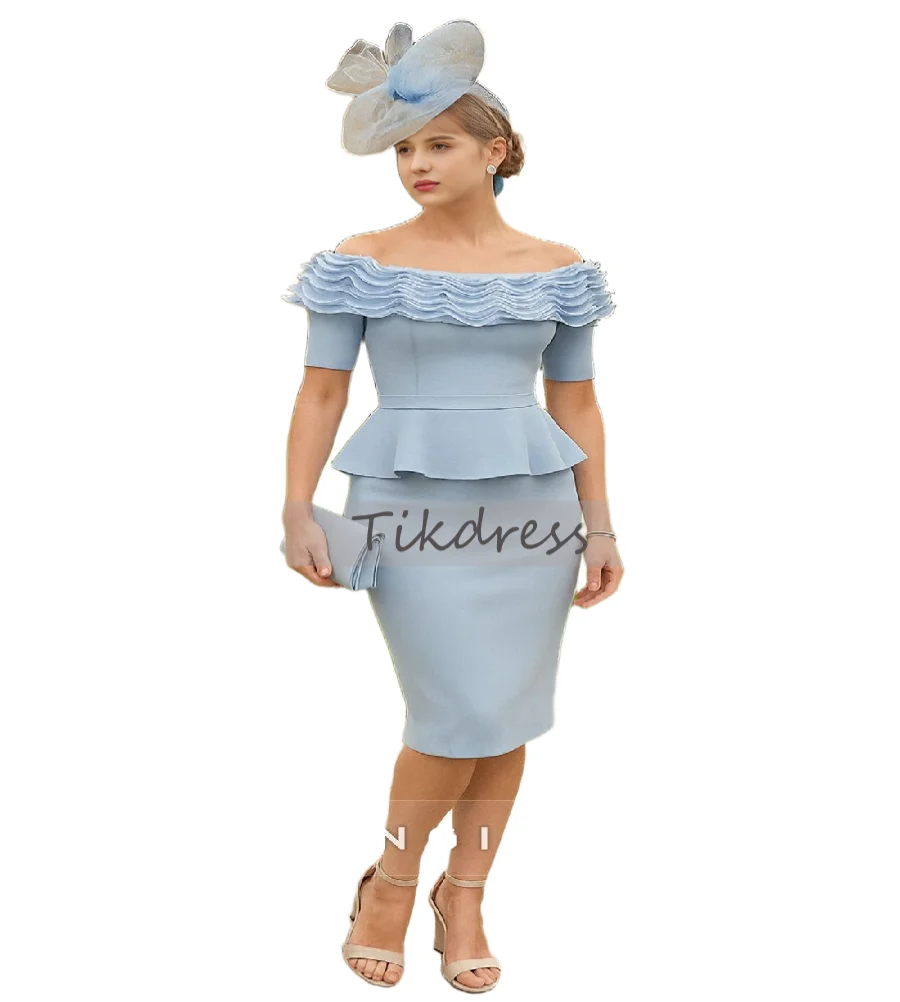 

Modern Blue Mother Of The Bride Dress 2025 Ruffles Neck Short Sleeve Knee Length Wedding Guest Dress Elegant Women Evening Party