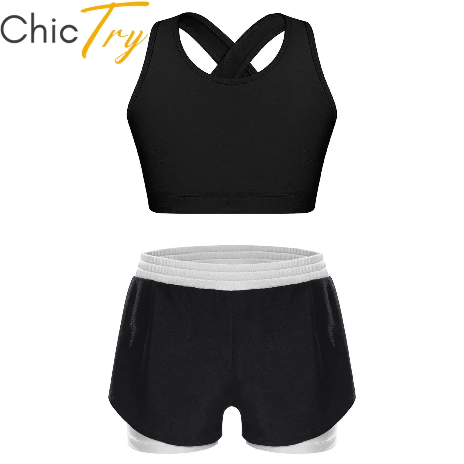 

Kids Girls Ballet Dance Sets Running Gym Yoga Sports Sleeveless Keyhole Cross Back Vest Top with Shorts for Stage Performance