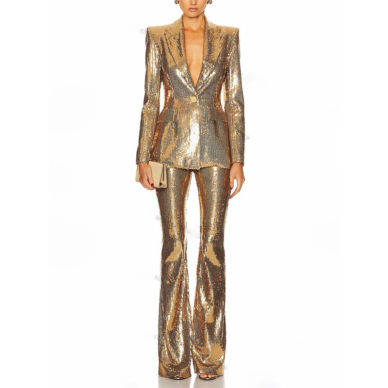 

Spring And Autumn New Style Elegant Commuting Gold Glitter Women's Long Sleeved Suit Jacket Long Pants Set Two Piece Set