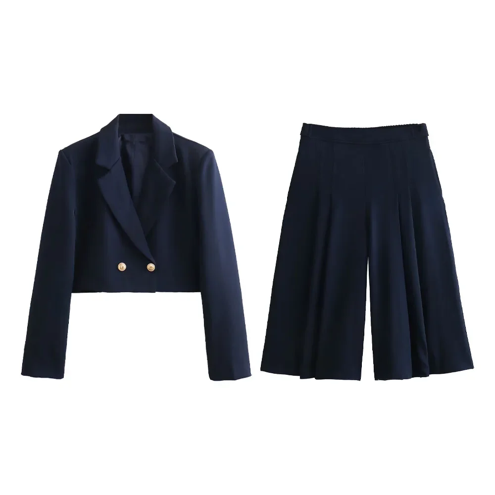 Pop 2024 Spring New Product Women's Fashion Casual Button Decoration Short Suit Coat Loose Wide Leg Pants Set