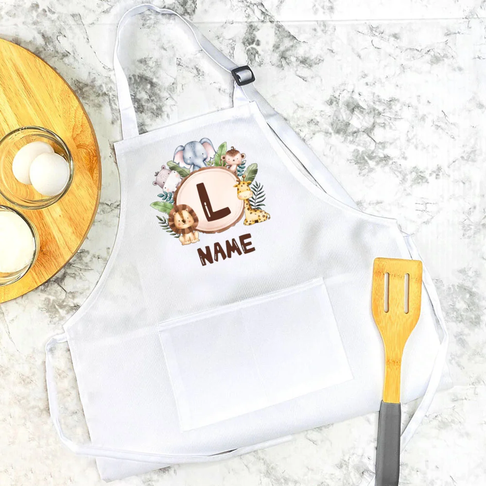 Personalized Kids Apron Cooking Kitchen Apron Safari Animals Initial and Name  Apron for Children Girls Boys Cooking Apron Gift