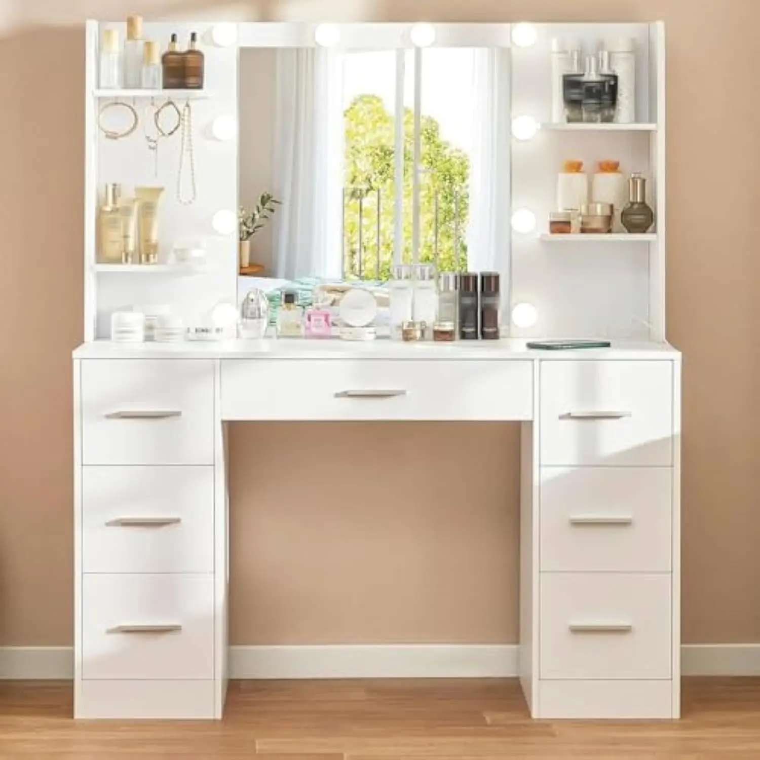 

Large vanity desk with led lighted mirror & power outlet,makeup vanity table with 7 drawers,4 shelves and 5 hooks,vanity table,