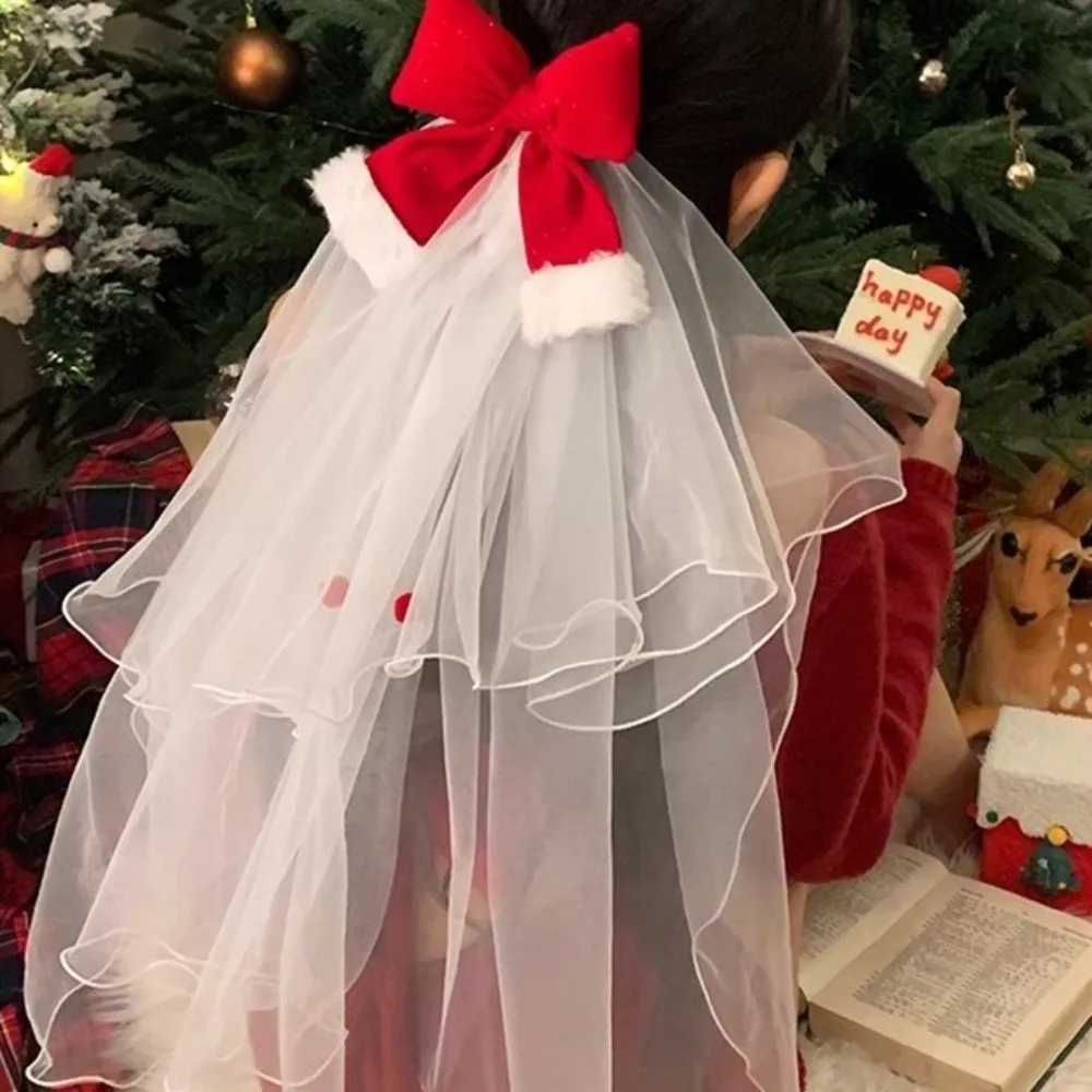 

Elegant Red Christmas Veil Headband Mesh Velvet Christmas Head Gauze Photo Props Hair Band Bow Veil Christmas Costume