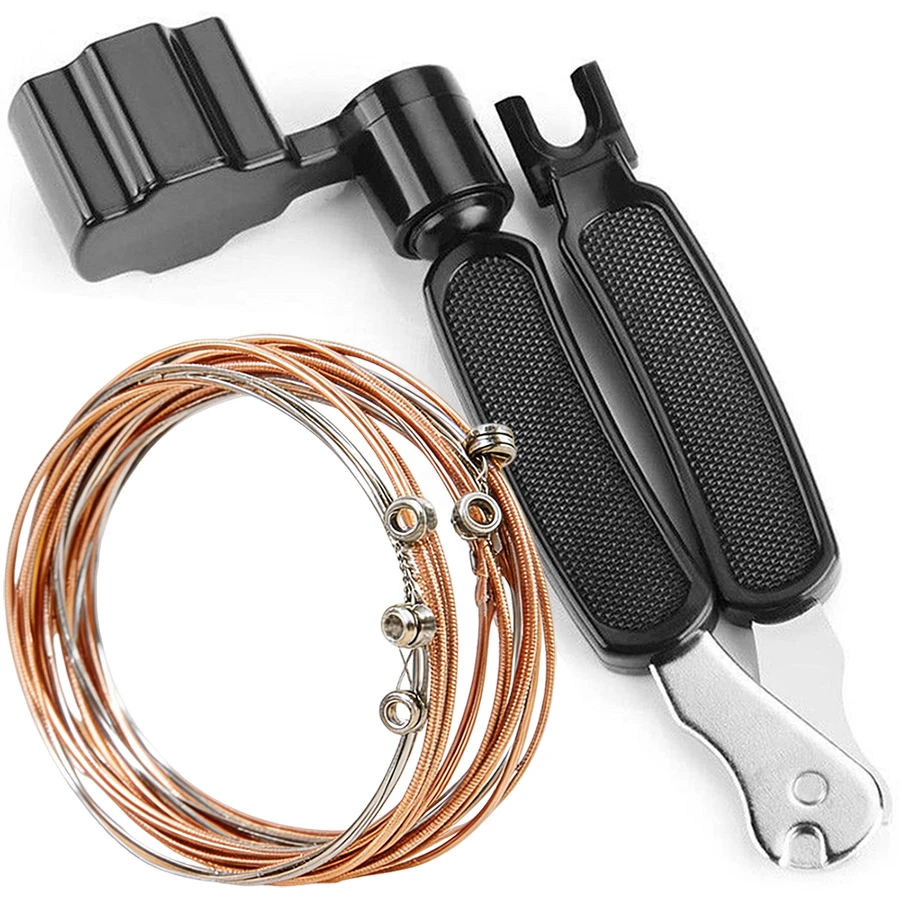 Acoustic Guitar Strings & 3-in-1 String Winder Cutter Tool Bronzed Guitar Strings & Bridge Pin Puller Guitar Changing Tool Set