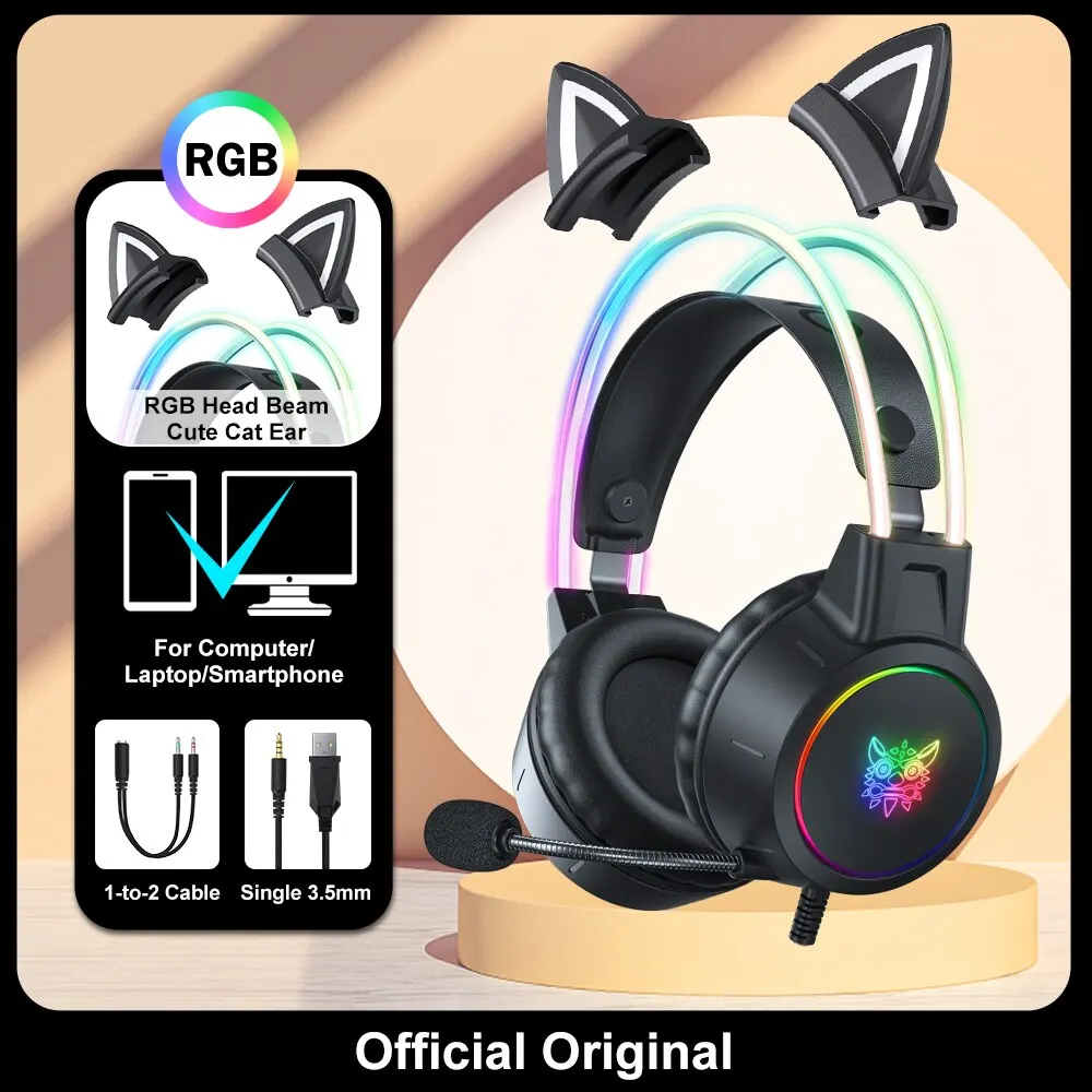 ONIKUMA-auriculares X15 Pro para videojuegos, cascos por encima de la oreja con cancelación de cable, orejas de gato rosas, luz Rgb con micrófono para PC y PS4