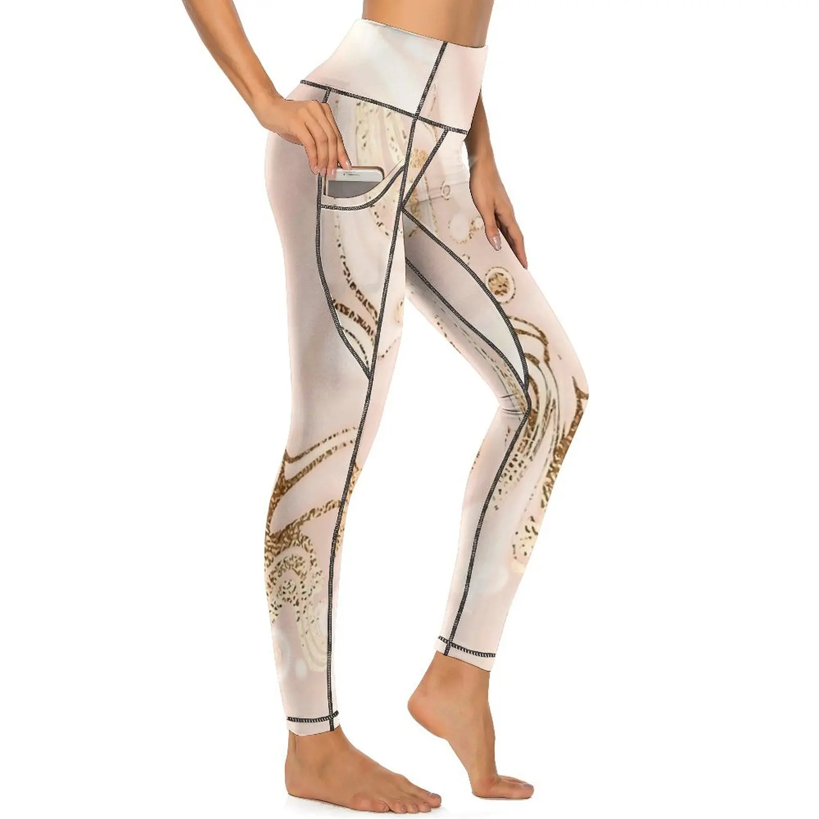 Rose Gold Marble Print Leggings Sexy  Work Out Yoga Pants High Waist Stretch Sports Tights Pockets Novelty Design Leggins