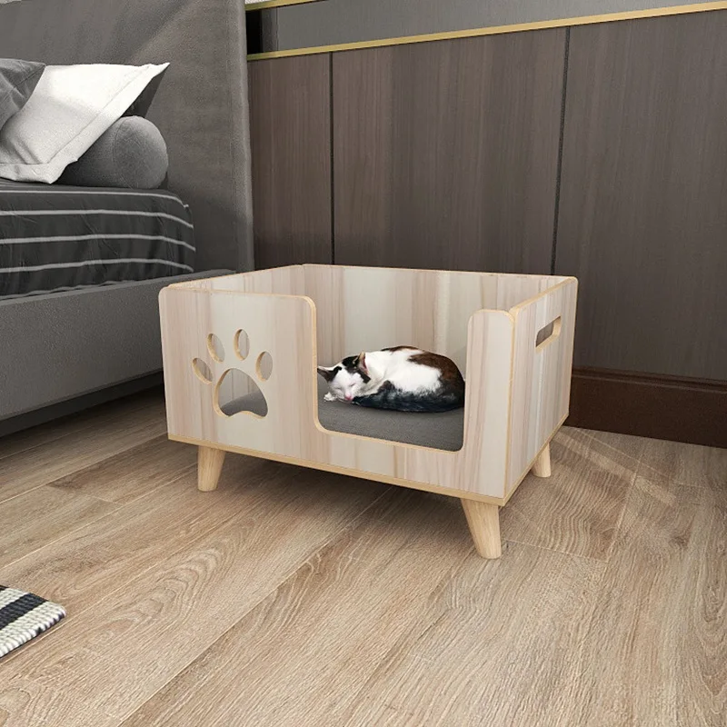 Four Seasons Solid Wood Cats Bed Pets Kennel Rabbit Dog Kitten Deeping Sleep Mat Pets House Sofa Bed