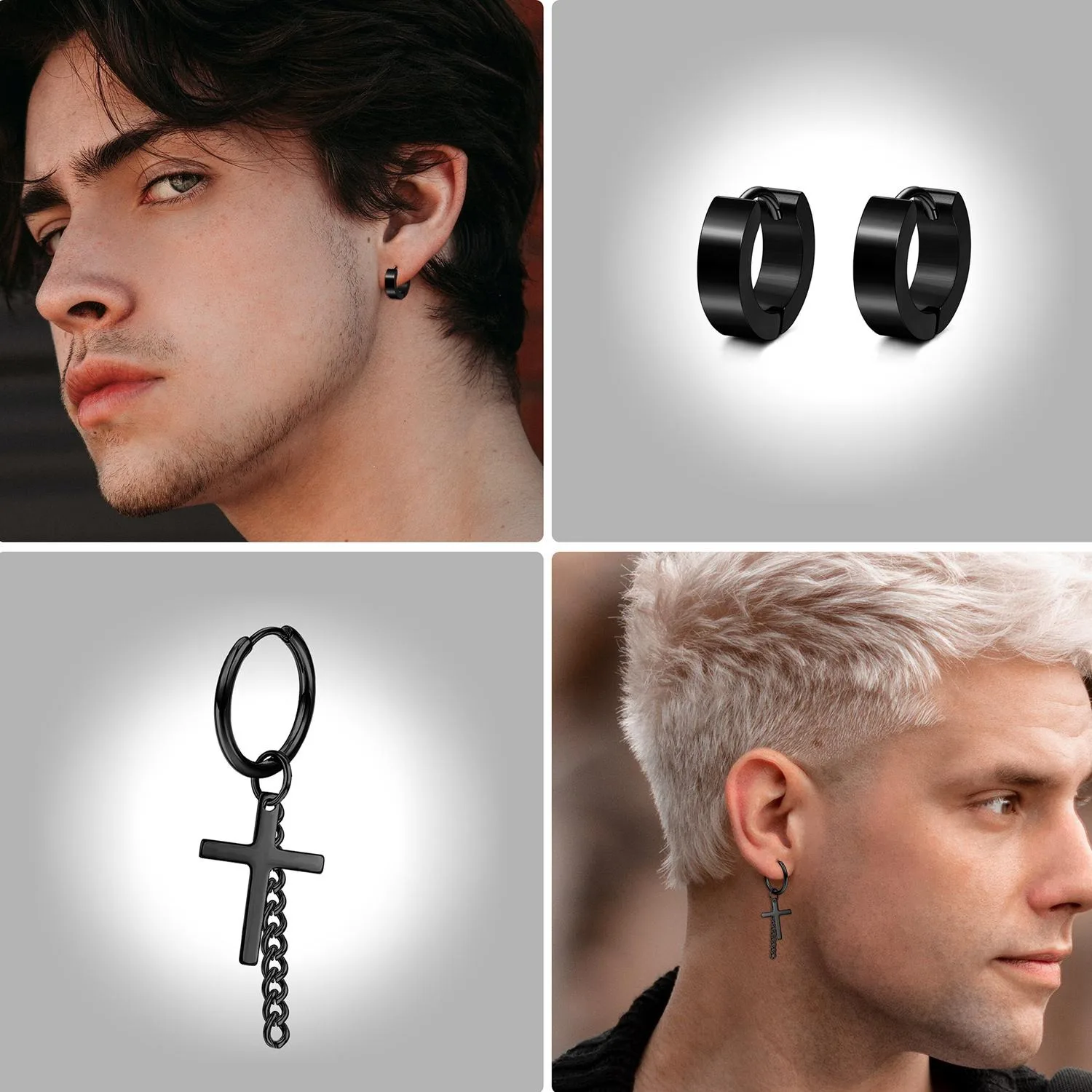 30-teiliges Gothic-Ohrring-Set für Männer aus Edelstahl mit Zirkonia, runde Ohrstecker, Hängeohrringe, Barbell-Ohrstecker, Halloween – Detail 5